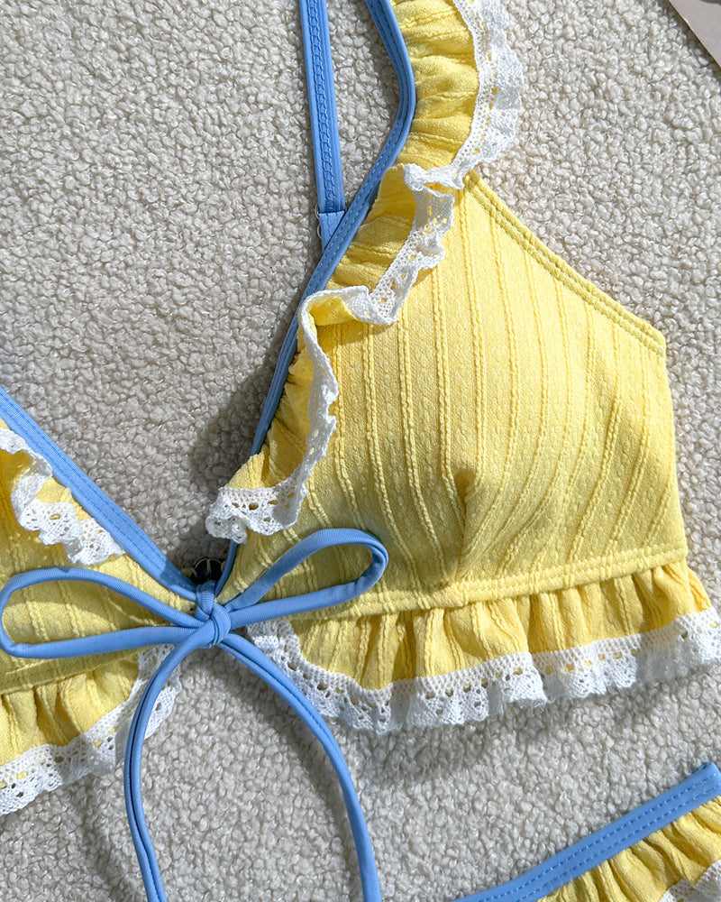 Deep V-neck Strappy Ruffled Beach Vacation Bikini