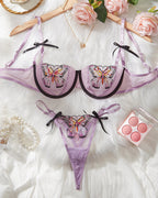 Purple Sexy Sheer Mesh Butterfly Embroidery Underwire Bra and Panty Set