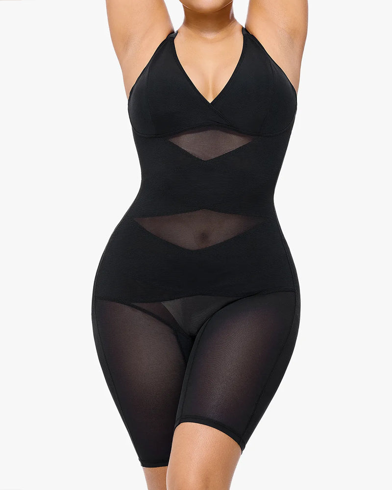 V-neck Mesh-paneled Seamless Tummy Control Hip Lift Bodysuit