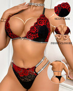 Sexy Lace Front-closure Halter Neck Wireless Bra and Low-rise Thong Lingerie Set