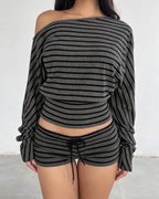 Women's Casual Striped Color Block One-Shoulder Long-Sleeve Top and Shorts Set