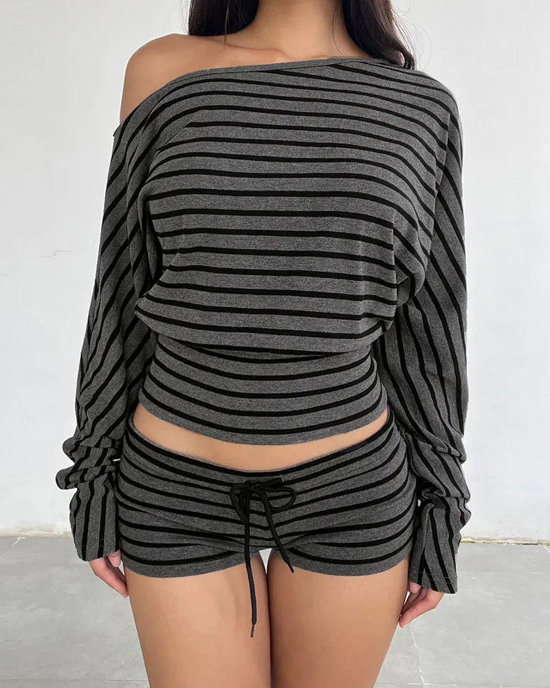 Women's Casual Striped Color Block One-Shoulder Long-Sleeve Top and Shorts Set