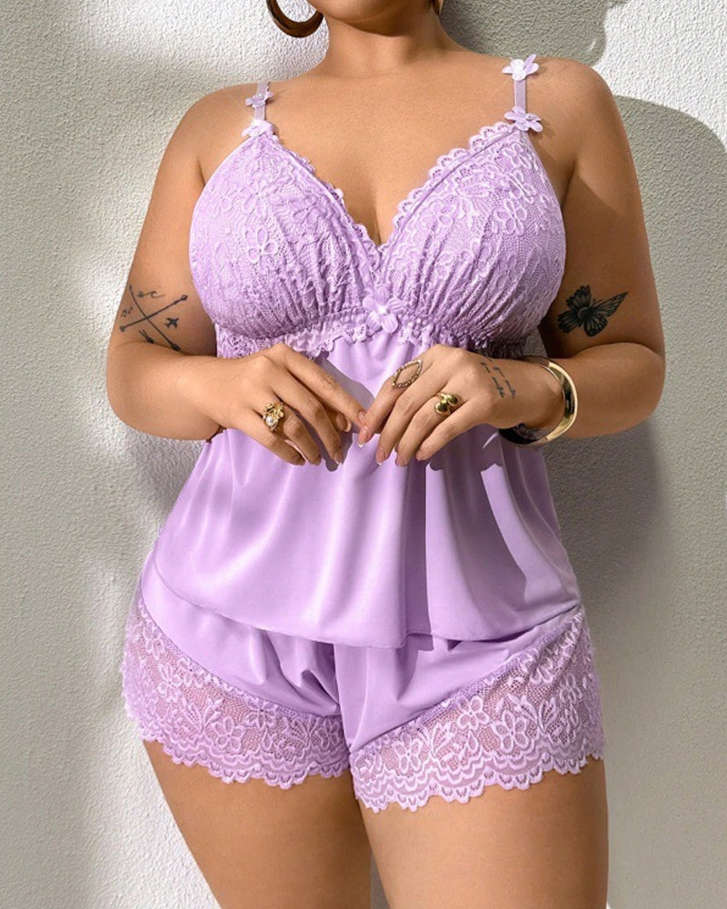 Plus Size Lace Satin V-Neck Camisole and Shorts Pajama Set