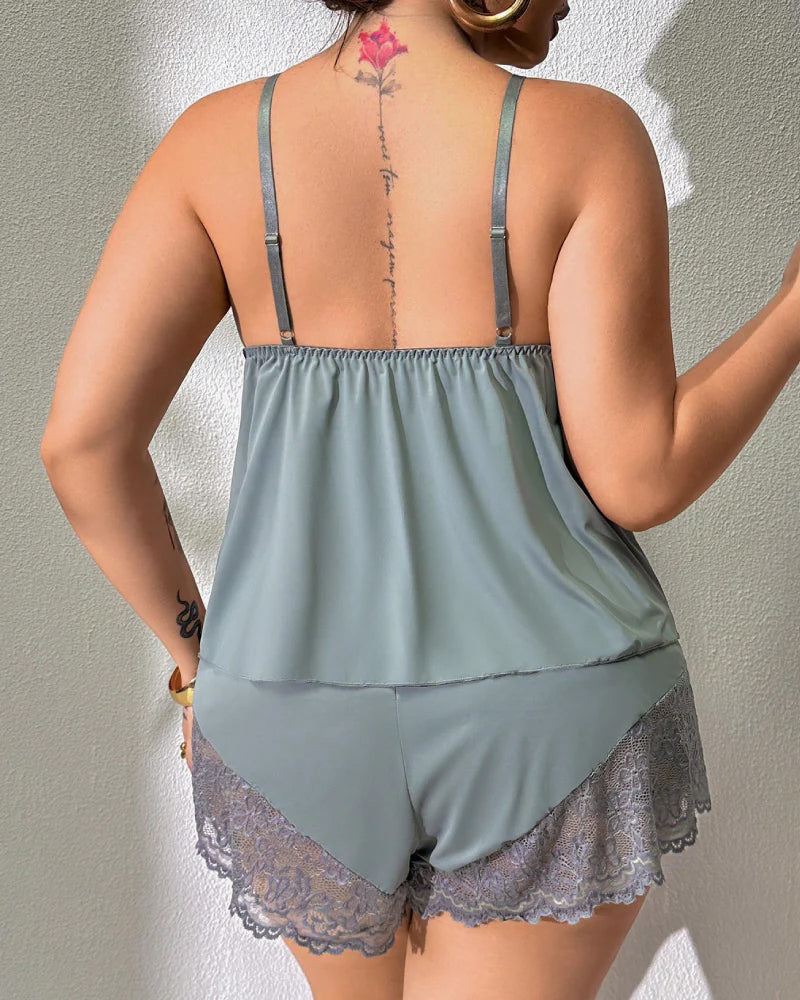 Plus Size Lace Satin V-Neck Camisole and Shorts Pajama Set
