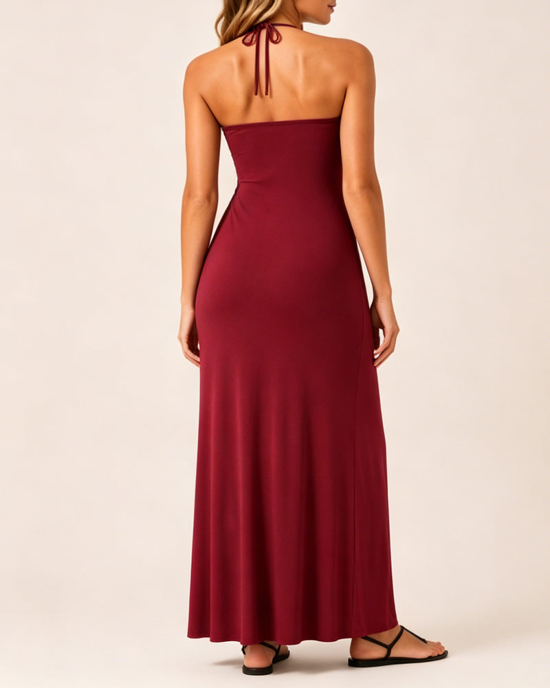 Halter Neck Backless Tie-up Long Dress with Pockets