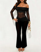 Women's Off-Shoulder Sheer Mesh Panel Elastic Slim Fit Long-Sleeved Jumpsuit