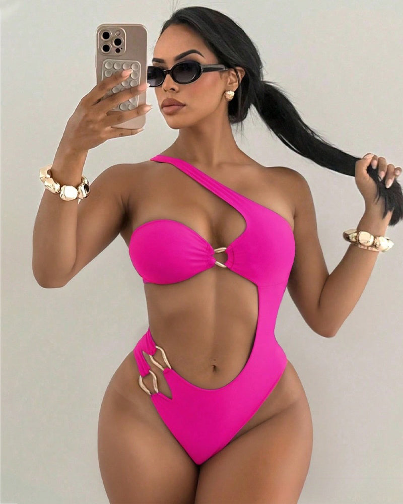 Off-shoulder Cutout Backless Solid Color Sexy One-piece Swimsuit
