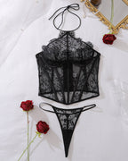 Sexy Halter Neck See-through Lace Fishbone Lingerie Set