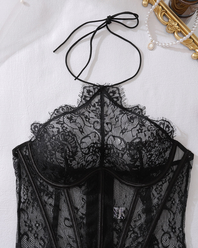 Sexy Halter Neck See-through Lace Fishbone Lingerie Set