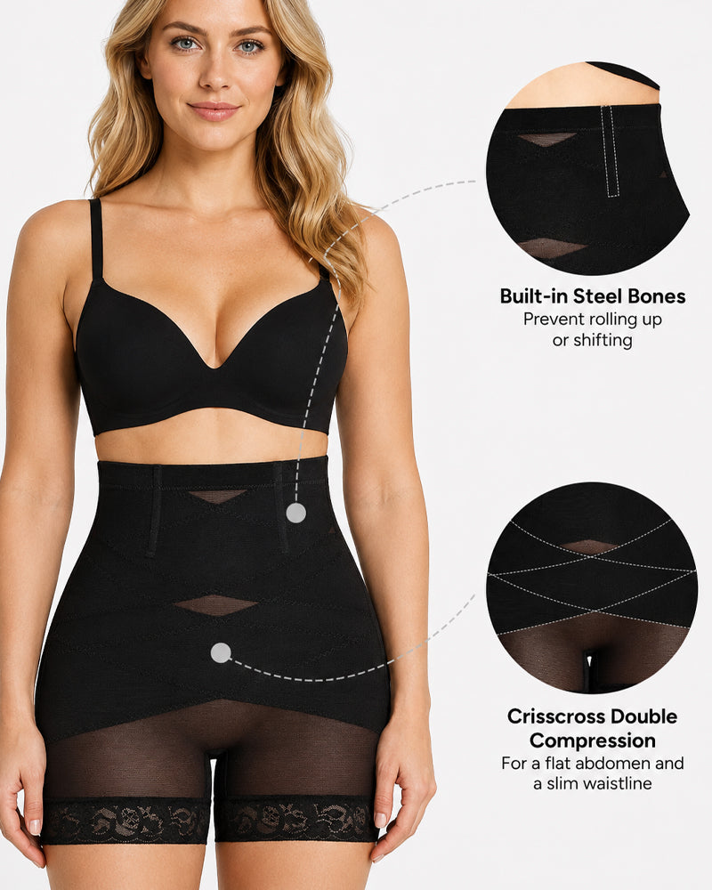 High Waist Tummy Control Sheer Mesh LaceTrim Shaping Shorts