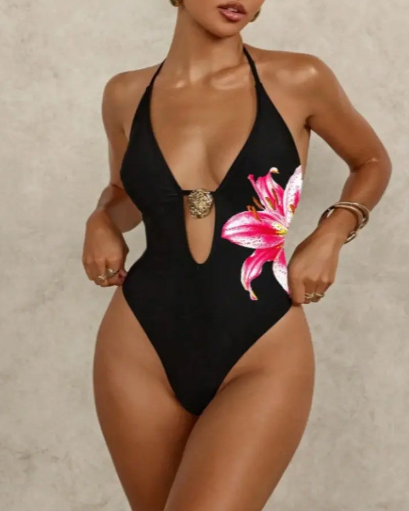 Deep V Floral Print Halter Neck Backless One-piece Swimsuit