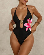 Deep V Floral Print Halter Neck Backless One-piece Swimsuit