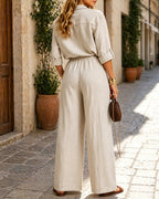 Casual Cotton Linen Shirt and Wide-leg Pants Set