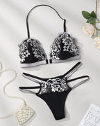 Sexy Lace Front-closure Halter Neck Wireless Bra and Low-rise Thong Lingerie Set