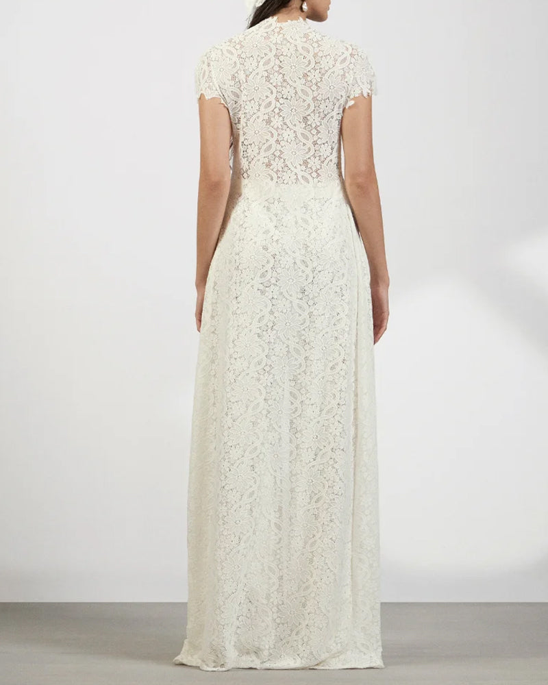 Lace Openwork Front Slit Long Top and Wide-leg Pants Set