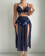 Sexy Sheer Mesh Tassel-decorated Deep V-neck Top and High-slit Long Skirt Lingerie Set