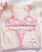Sexy Lace Floral Openwork Bra and Thong Lingerie Set