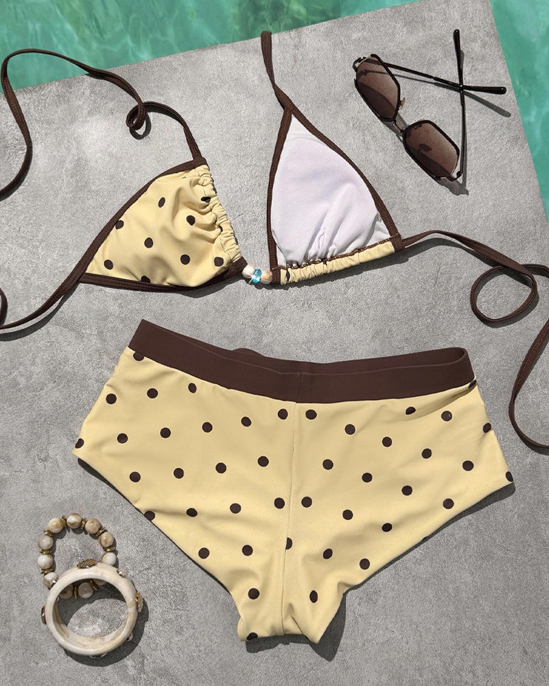 Retro Polka Dot Print Colorblock Beach Vacation Bikini Swimsuit Set