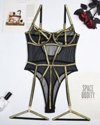 Sexy Mesh Sheer Gold Thread Patchwork Erotic Bodysuit
