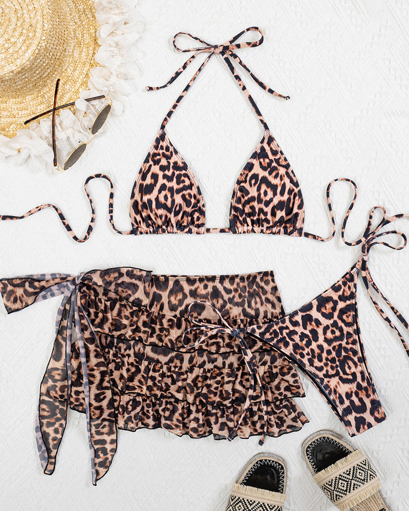 Leopard Print Backless Bikini and Ruffle Mini Skirt Swimsuit Set