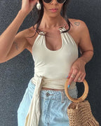 Sexy Metallic Choker Halter Waist Tie Detail Top