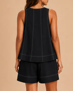 Casual Pure Cotton Sleeveless Vest and High Waist with Pocket Short Suit