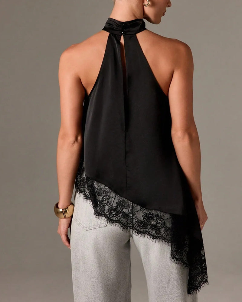 Women's Sleeveless Lace-trimmed Asymmetrical Halter Neck Satin Breathable Top