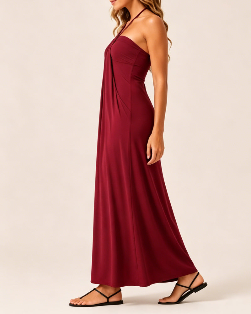 Halter Neck Backless Tie-up Long Dress with Pockets