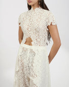 Lace Openwork Front Slit Long Top and Wide-leg Pants Set