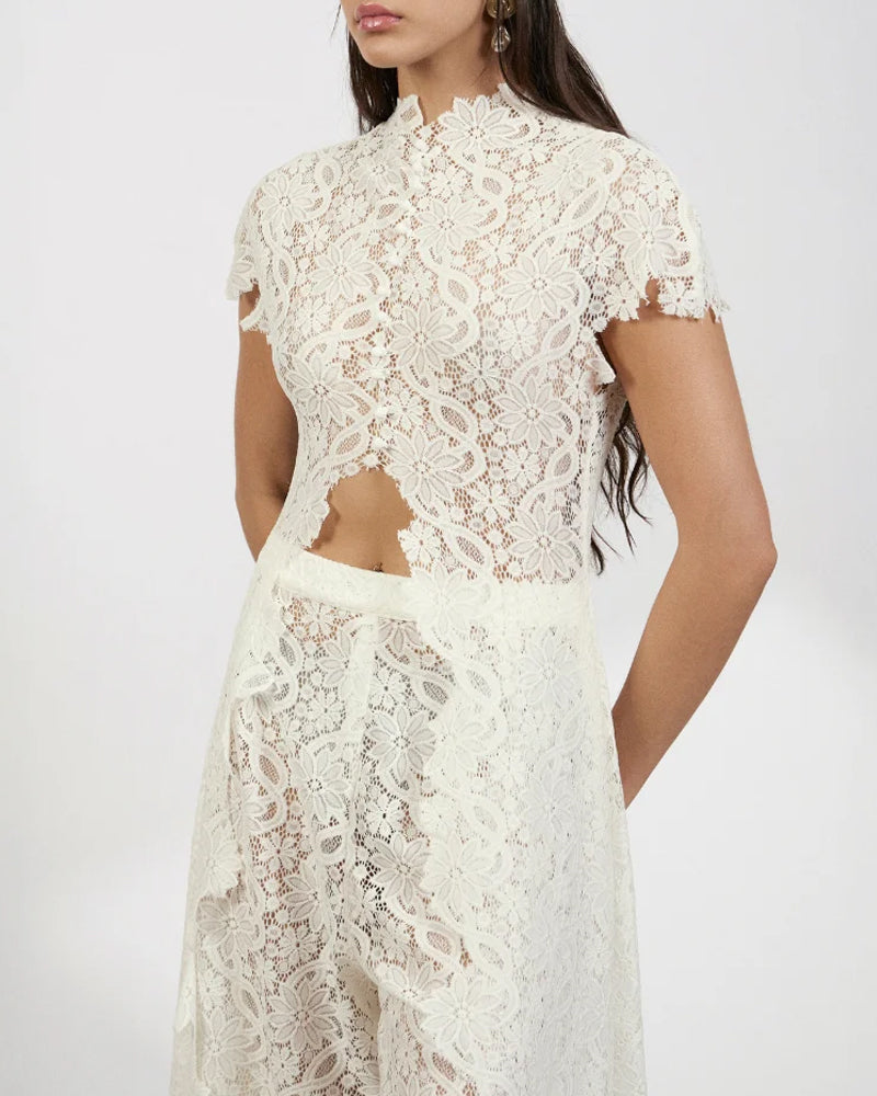 Lace Openwork Front Slit Long Top and Wide-leg Pants Set