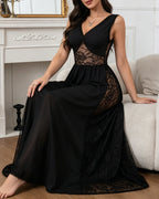 Sexy Deep V See-through Lace Patchwork Long Nightgow
