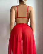Sexy Sheer Mesh Tassel-decorated Deep V-neck Top and High-slit Long Skirt Lingerie Set