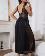 Sexy Deep V See-through Lace Patchwork Long Nightgow
