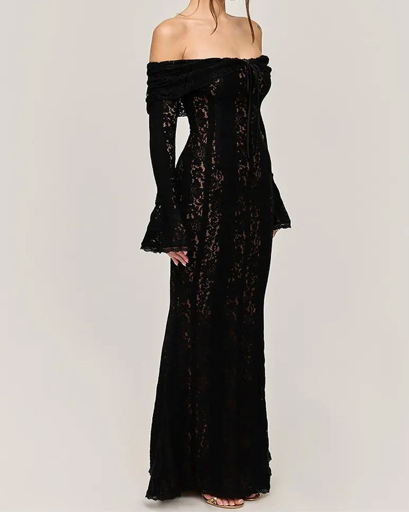 Women's Solid Color Lace Off-Shoulder Long Sleeve Slim Fit Dress