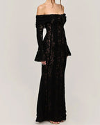 Women's Solid Color Lace Off-Shoulder Long Sleeve Slim Fit Dress