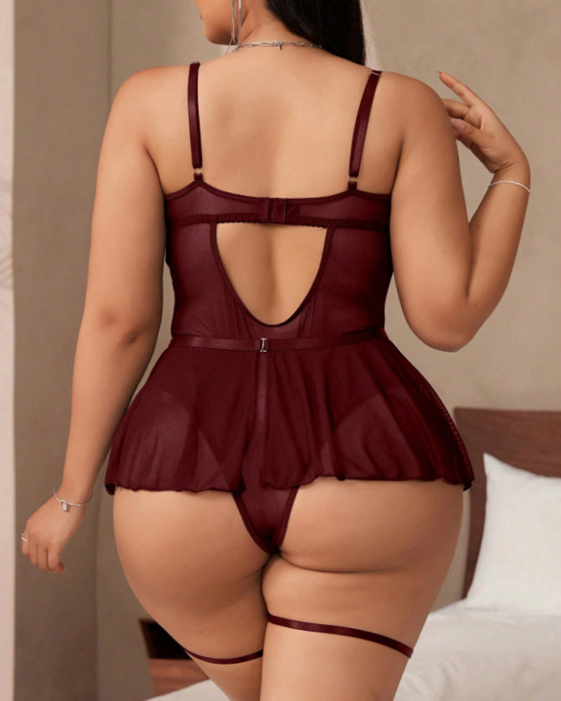 Plus Size Sexy Lace See-Through Mesh Garter Bodysuit Nightgown