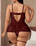 Plus Size Sexy Lace See-Through Mesh Garter Bodysuit Nightgown