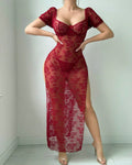 Sexy Floral Lace See-through Mesh High Slit Short-sleeved Long Lingerie Nightgown