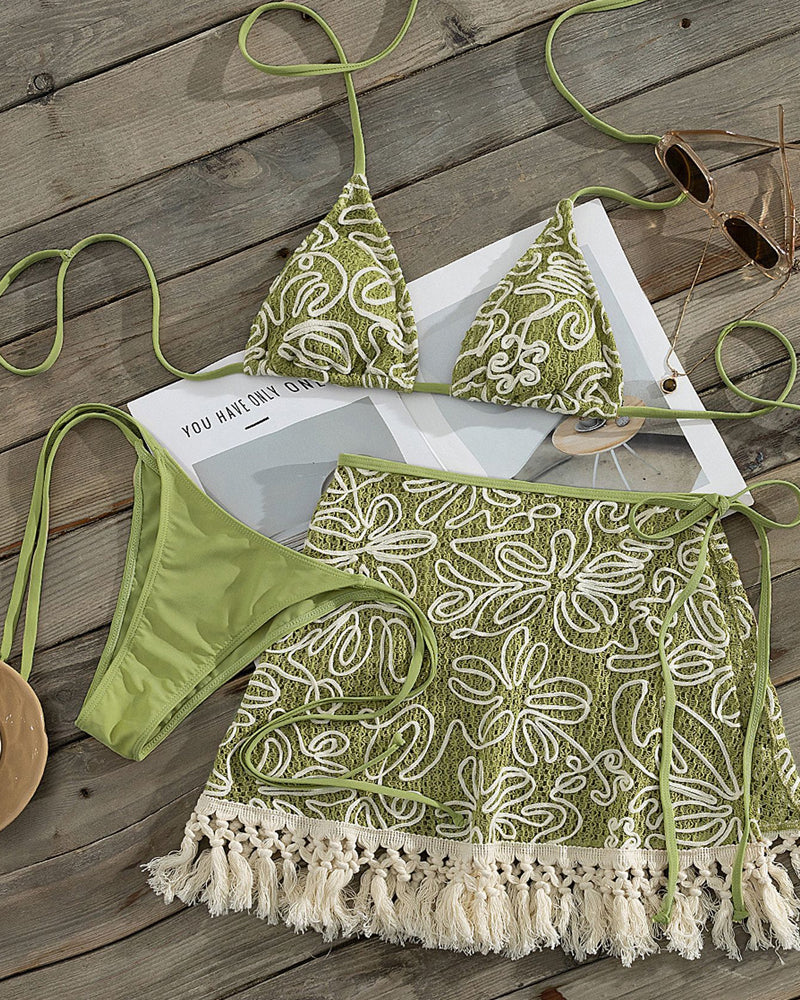 Bohemian Halter Bikini and Tassel Sarong Three-piece Set