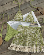 Bohemian Halter Bikini and Tassel Sarong Three-piece Set