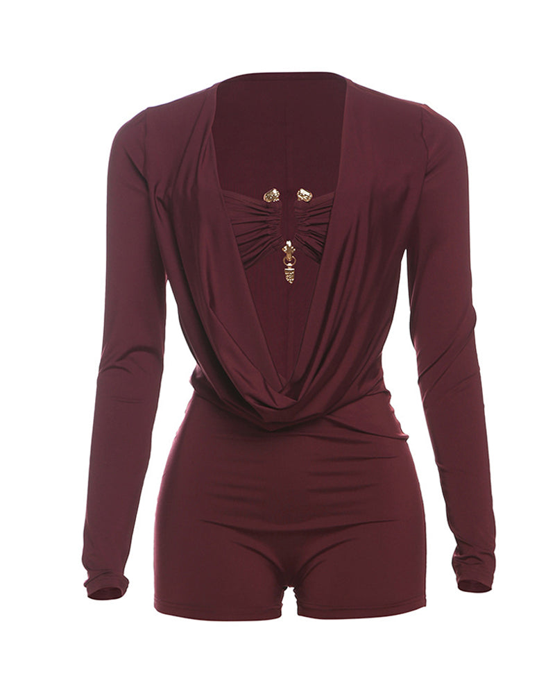Women's Casual Two-in-one Draped Design Slim-fit Long-sleeved Jumpsuit