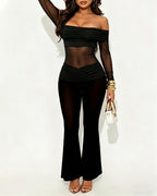 Women's Off-Shoulder Sheer Mesh Panel Elastic Slim Fit Long-Sleeved Jumpsuit