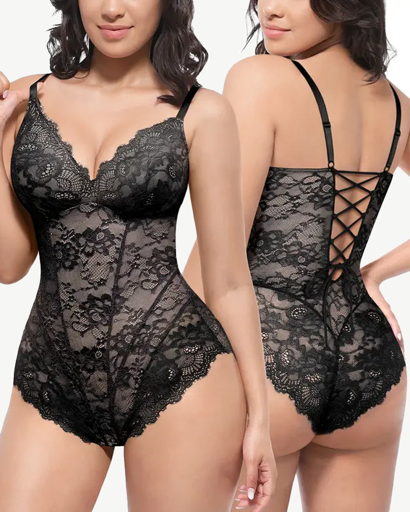 V Neck Lace Seamless Back Drawstring Bodysuit