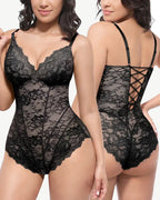 V Neck Lace Seamless Back Drawstring Bodysuit