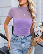 Women's High-Neck Sheer Mesh Panel Seamless Short Sleeve Bodysuit
