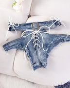 Sexy High-waisted Cutout Frayed Skinny Denim Thong