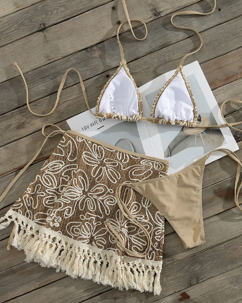 Bohemian Halter Bikini and Tassel Sarong Three-piece Set