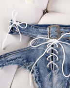 Sexy High-waisted Cutout Frayed Skinny Denim Thong