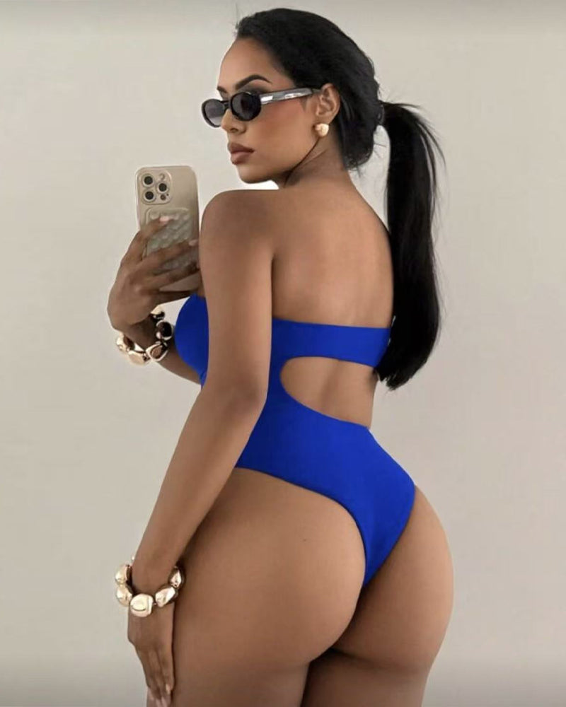 Off-shoulder Cutout Backless Solid Color Sexy One-piece Swimsuit
