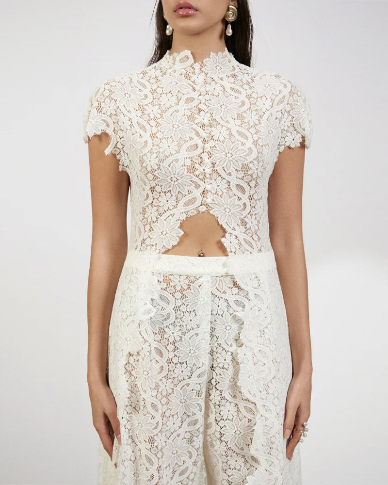 Lace Openwork Front Slit Long Top and Wide-leg Pants Set